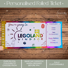 Foiled Lego Land Personalised Ticket / Voucher. Keepsake.
