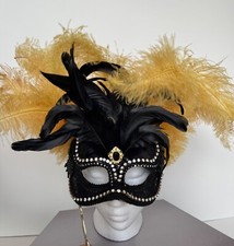 Venetian Mask, Black and Gold Feathers, Masquerade Ball, Party, Fancy Dress