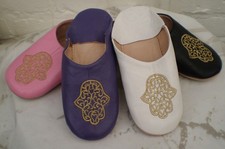 MOROCCAN SOFT LEATHER SLIPPERS Hand of Fatima Design  4 Colours, 5 Sizes