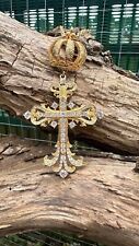 Statement Pompoos 24ct Gold Plated Crystal Crown & Cross Pendant On A Necklace