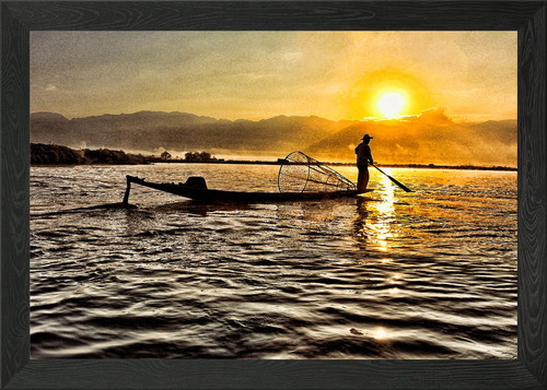 Fisherman boat under sunset - on,