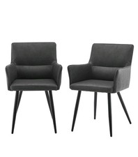 Set of 2 Grey Faux Leather Dining Chairs with Arms – Padded Seat & Back, Modern