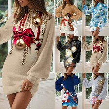 Womens Christmas Bodycon Ladies Xmas Party Long Sleeve Mini Dress Size 6-14