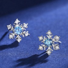 Crystal Snowflakes 925 Sterling Silver Stud Earrings Women Girls Christmas Gift