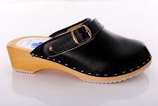Black Geniune Leather Hand Made Clogs Healthy Mules Wooden Sole Shoes D4