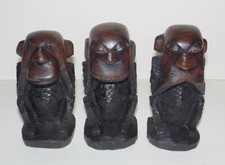 3 VINTAGE CARVED WOODEN WISE MONKEYS * Speak, Hear., See No Evil * 15cm Tall *