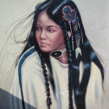Native American Indian Print Girl S. Garcia Braids unframed portrait mid century