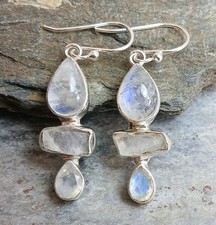 925 Silver Rough Cut RAINBOW MOONSTONE Triple Drop Earrings E491~Silverwave*uk