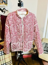 Red & White Mandarin Flowered Over Jacket With Hook & Eye Fasteners ?? Size 14