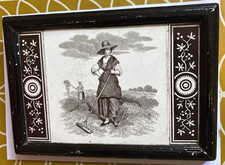19thC MINTON TILE after JEAN FRANCOIS MILLET - WOMEN HAYRAKING - RUSTIC - FRAMED