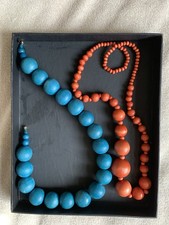 Pair of Vintage Wooden Bead Necklaces – Blue & Coral Red Statement Jewellery