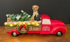 Lighted Merry Christmas Nostalgic Red Pickup Truck Filled w Dog Puppy & Trees