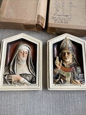2x RARE VTG OSBORNE IVOREX 5 sided WALL PLAQUES CANTERBURY PILGRIM  ST AUGUSTINE