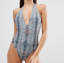 NEW HALTER NECK SNAKE PRINT HIGH LEG SWIMSUIT SIZE UK 12 EU 40           B5
