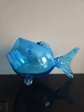 Blue Teal Fish Sculpture MCM Blenko Style Art Glass Bowl Vase Terrarium