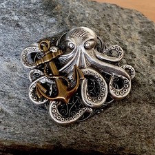 Octopus w/Anchor Brooch Pin, Silver pltd, Goth SteampunkHalloween Pirate Hat Pin