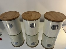 Set Cream Tea Coffee Sugar Metal Vintage Canisters Jars Tins With Wooden Lid