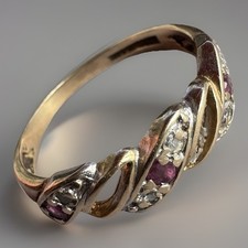 9ct Yellow Gold Ruby & Diamond Twist Dress Ring Size L Fully Hallmarked 375 DIA