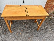 Vintage Wooden Double Desk Old School, Lift Up Lids, Inkwell Space