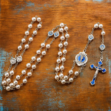 Beautiful White Rosary Beads with Lady Of Lourdes And Christ on Cross/Crucifix