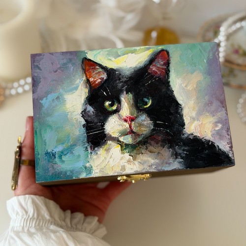 Tuxedo cat hand - -painted, wooden