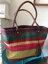 VINTAGE GAP WOVEN PALM JUTE + LEATHER HANDLES TOTE BEACH BAG BOHO