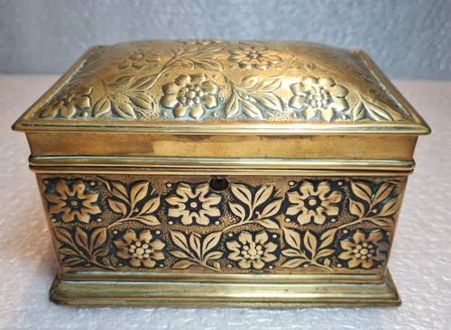 Antique brass relief tea - tea, caddy
