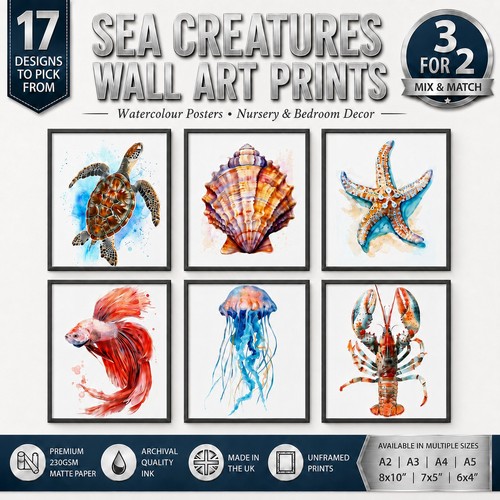 Sea creatures watercolour - creatures, art