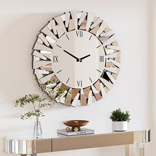 Large Round Sunburst Glass Mirror with Wall Clock Beveled Glass Edge Decorative