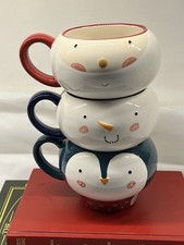 Set Of Three Stacking Christmas Mugs Santa Snowman Penguin VGC