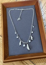 Signed Pilgrim Necklace Silver Tone Enamel & Faux Pearl Flowers Costume Jeweller