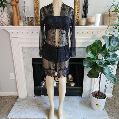 Black lace kimono floral sheer - black,