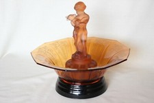 Art Deco 3 Piece Amber Glass 'Cleo' Bowl with Two Kids Figure by Cambridge Glass