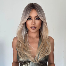 Blonde Platinum Long Straight Layered Synthetic Wig Highlight Wig with Bangs 