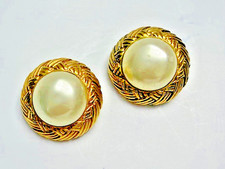 CHANEL CC Logo Button Earrings Clip-On Faux Pearl Gold France Accessory Vintage