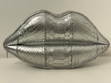 Lulu Guinness Silver Snakeskin Padded Lips Leather Clutch Bag