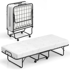 COSTWAY Rollaway Guest Bed with Memory Foam Mattress & Metal Frame-White