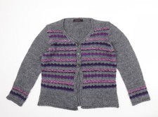 Evalinka Womens Grey Round Neck Striped Acrylic Blend Cardigan Size 6