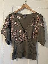 Warehouse Silk Cherry Blossom Wide Sleeve Crossover Top,  Size 8
