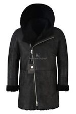 Men’s Hooded Flying Sheepskin Shearling Fur Coat Vintage Black B3 Genuine A-0