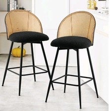 Set of 2 Swivel Rattan Bar Breakfast Stools Blacl Sherpa Upholstered Teddy New