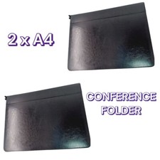 2 x A4 Conference Folder Business Zip Portfolio Top Genuine Black Leather Docume