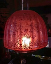 Victorian Cranberry Floral Etched Beehive Oil Lamp Shade, 4 inch duplex, Damaged
