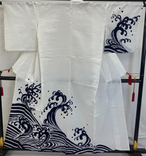 Japanese Vintage Kimono Yukata Cotton White No Lining Traditional Length 61 in