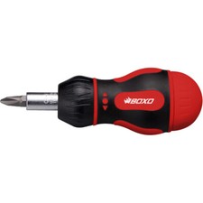 Stubby Ratcheting Screwdriver. Slotted, Pozi & Phillips Bits. BOXO BR08