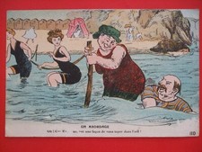 Old French Seaside Comic postcard BATHING BELLES FAT LADY IN SEA