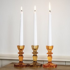 Set Of 3 Amber Ribbed Glass Candlestick Holders Warm Autumn Taper Candle Decor