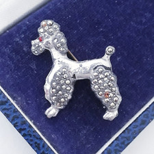 VINTAGE POODLE DOG PUPPY SPARKLING MARCASITE RED GLASS EYE PIN BROOCH