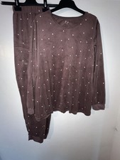 Ladies Brown Velour Pyjamas With White Hearts Size XL 18-20
