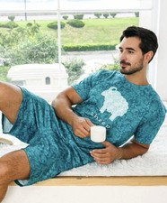 Men’s Green Paisley Print With Sheep Motif Shorts Pyjamas Set Size XL